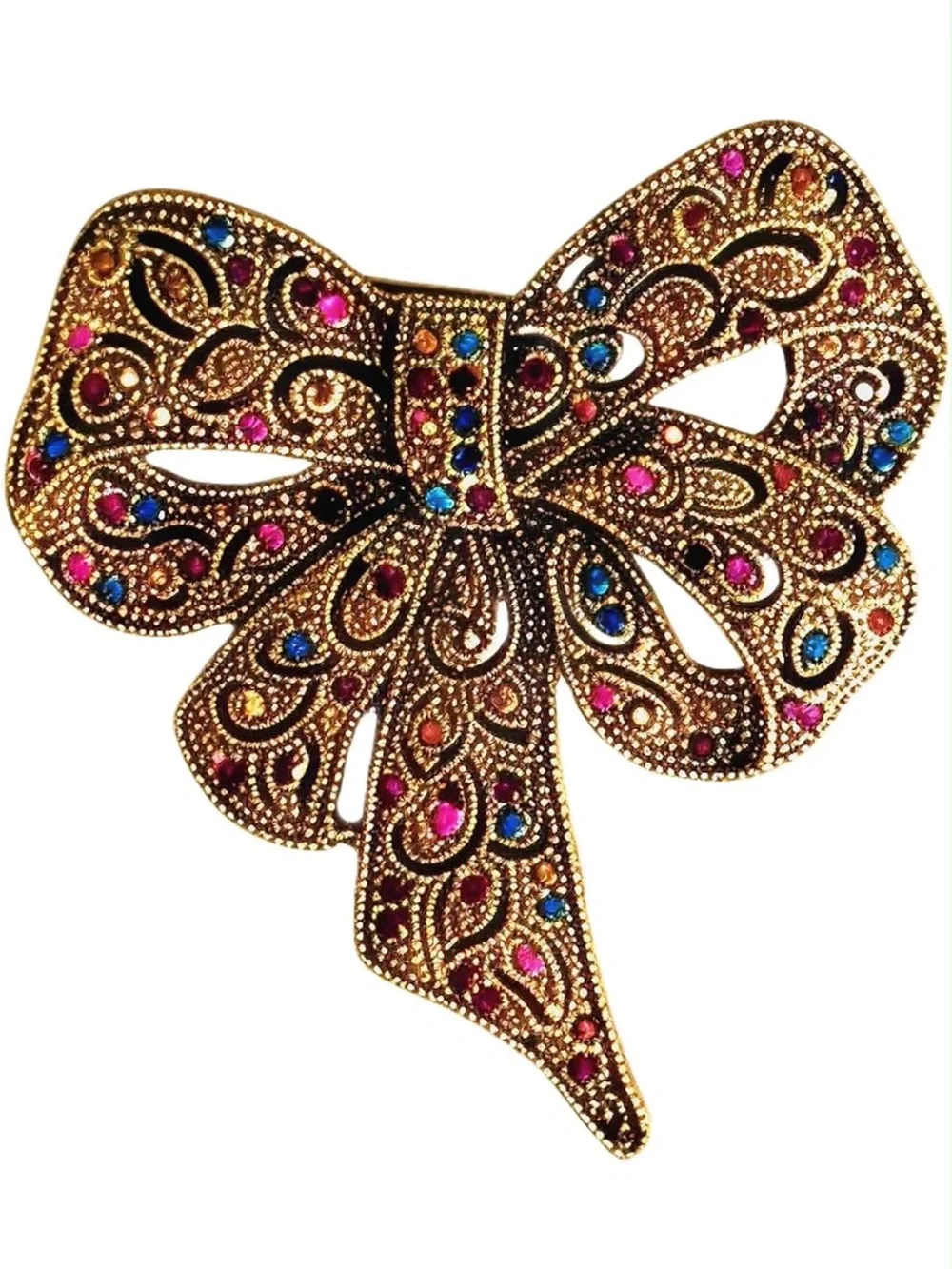 Anthropologie Gold Tone Bow Brooch with Pink, Blue, Orange Gems